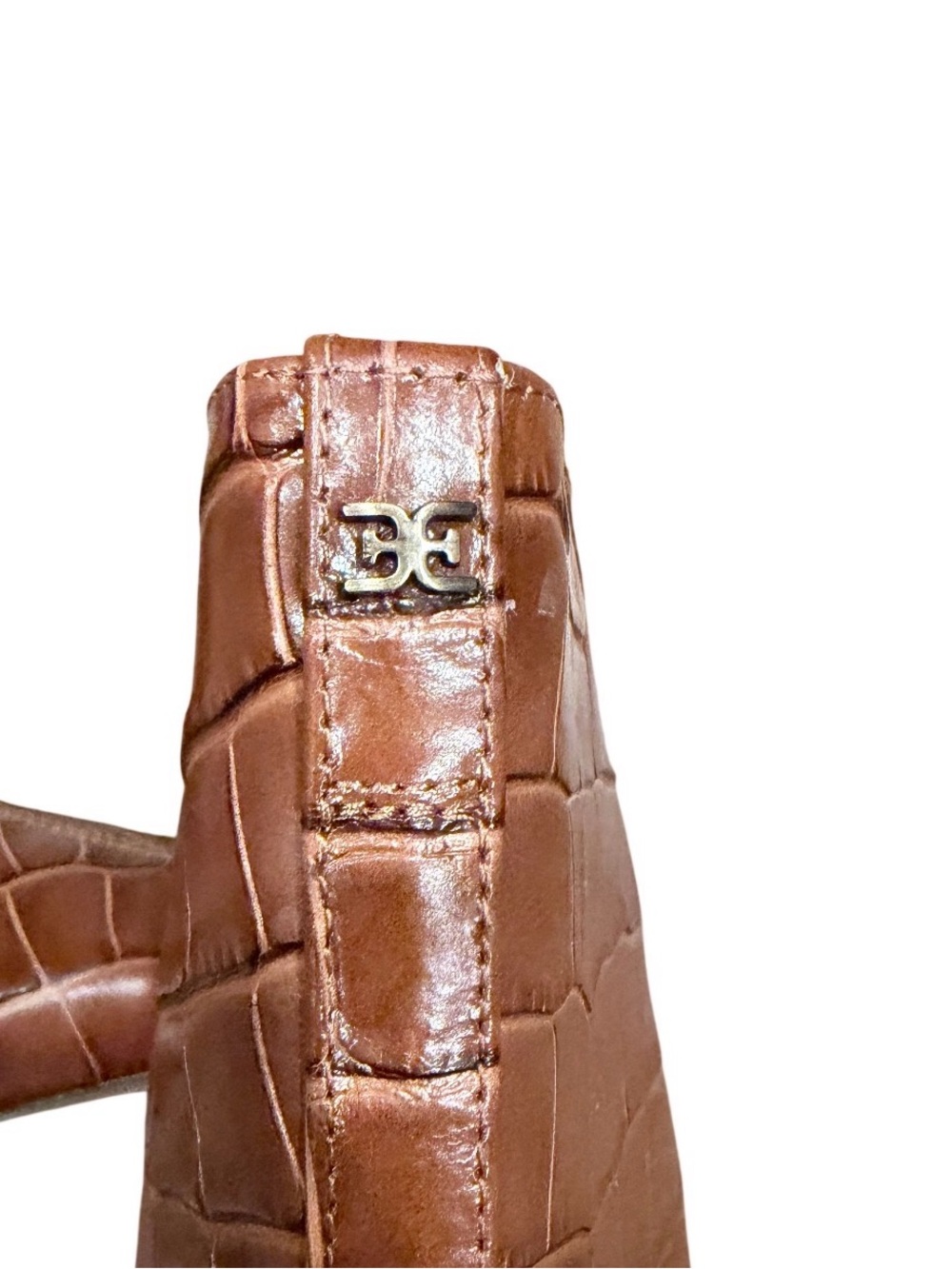 Sam Edelman Croc-Embossed Mid-Calf Kitten Heel Boots in Brown - Picture 8 of 9